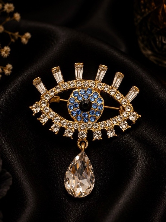 Jewelry - Gold-Tone Blue Crystal Evil Eye Brooch with Teardrop Pendant